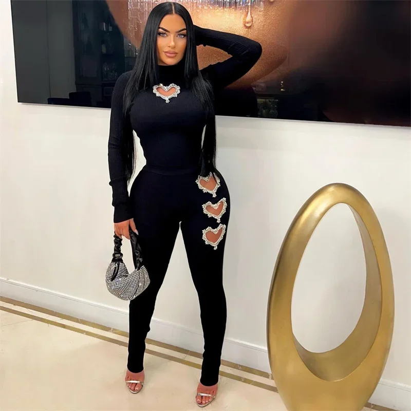 

Fashion Cut-out Heart Shape Diamante Trim Women Two Piece Sets Suits Stand-up Collar Slim Fit Short T-Shirt Female Pencil Pants