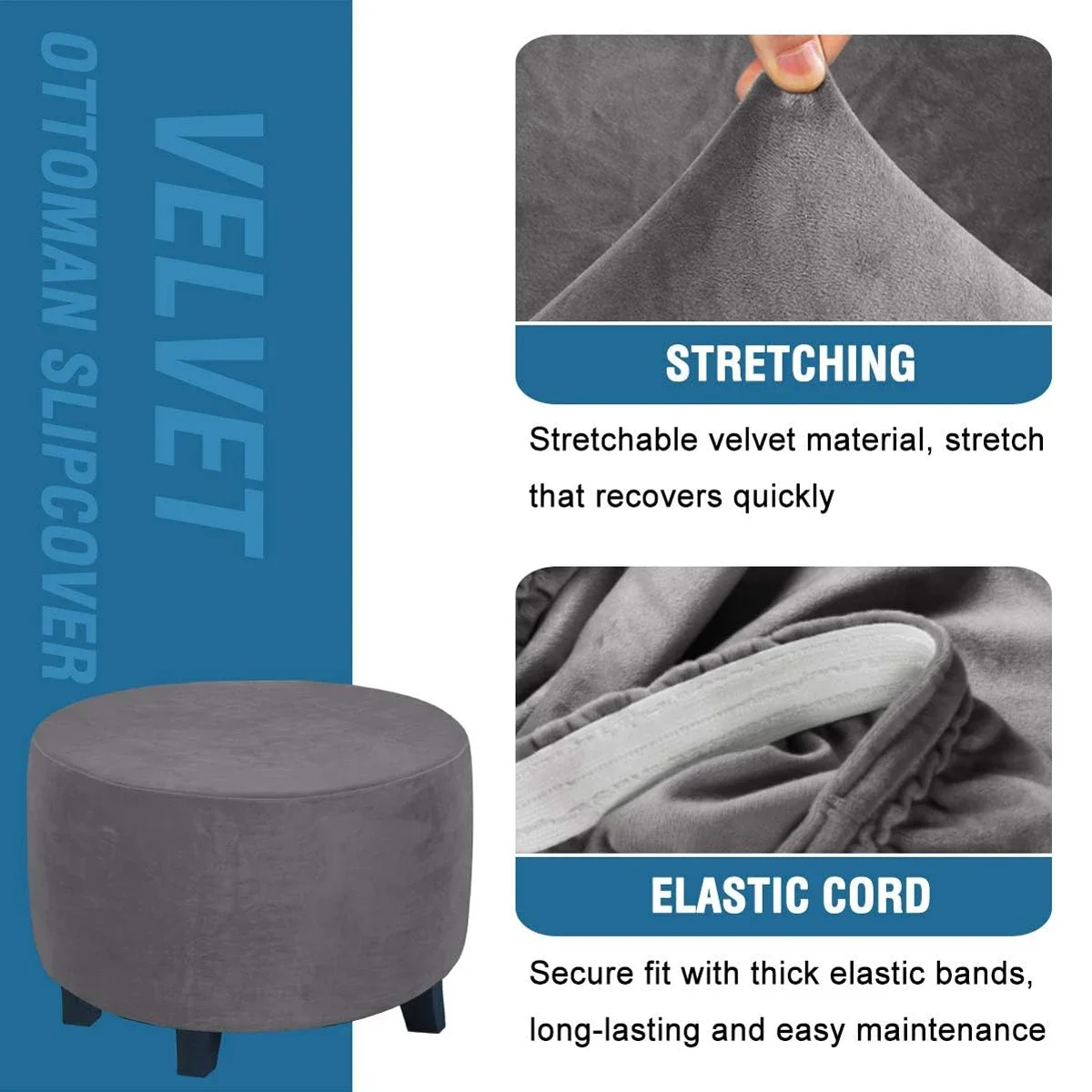 Luxurious Velvet Plush Round Ottoman Slipcover and Protector