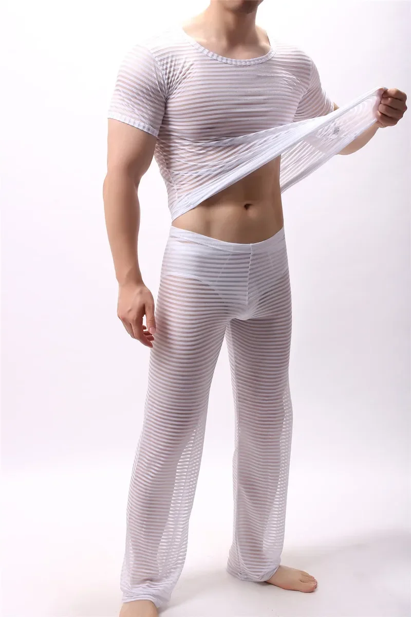 2PCS/Set See Through Loose Casual Long Pants Trousers Mesh Men Undershirts Sexy Men Underwear Slim Tops Pajama Bottoms Costumes