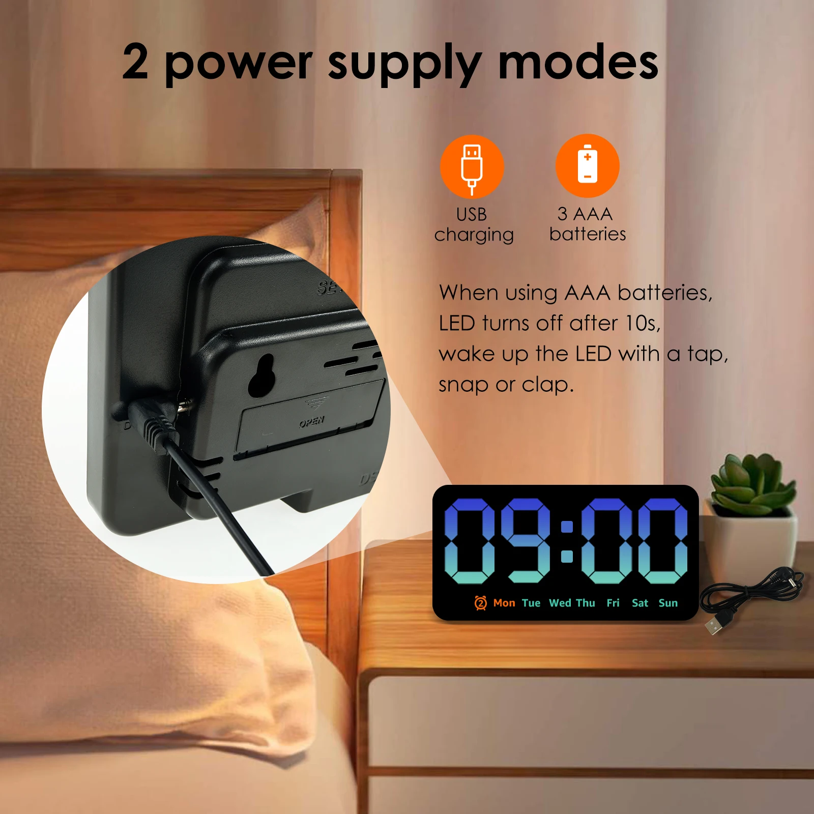 Large Display LED Digital Wall Clock with Date, Temperature, and Dual Alarm