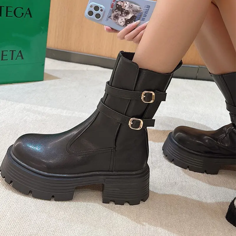 Women Chelsea Motorcycles Boots Buckle Platform Chunky Mid Heels Women