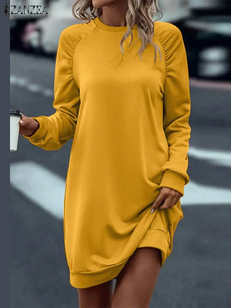 

ZANZEA Casual Long Pullover Mini Dresses 2023 Autumn Crewneck Kaftan Robe Women Sweatshirt Dress Loose Long Sleeve Tunic Vestido