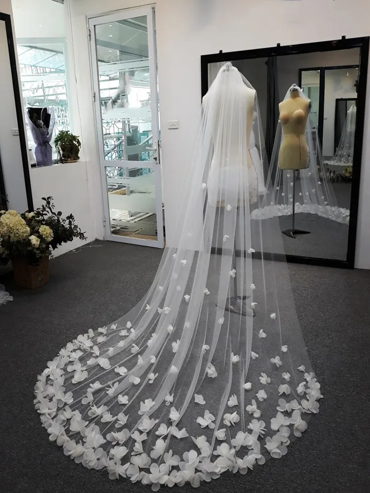 White Ivory Bridal Veil Long Cathedral Wedding Veil 3D Flowers Floral Lace Petals Bride Wedding Accessories bridal veil