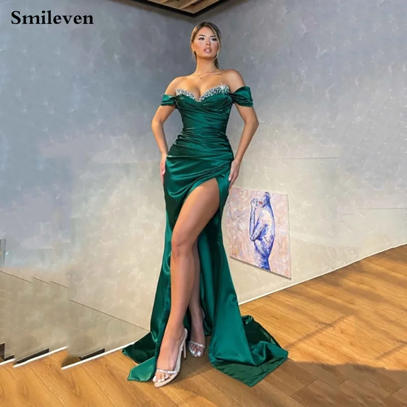 

Smileven Sky Blue Mermaid Evening Dresses Off The Shoulder Pleats Prom Dress Saudi Arabia Modern Side Split Party Dress 2023