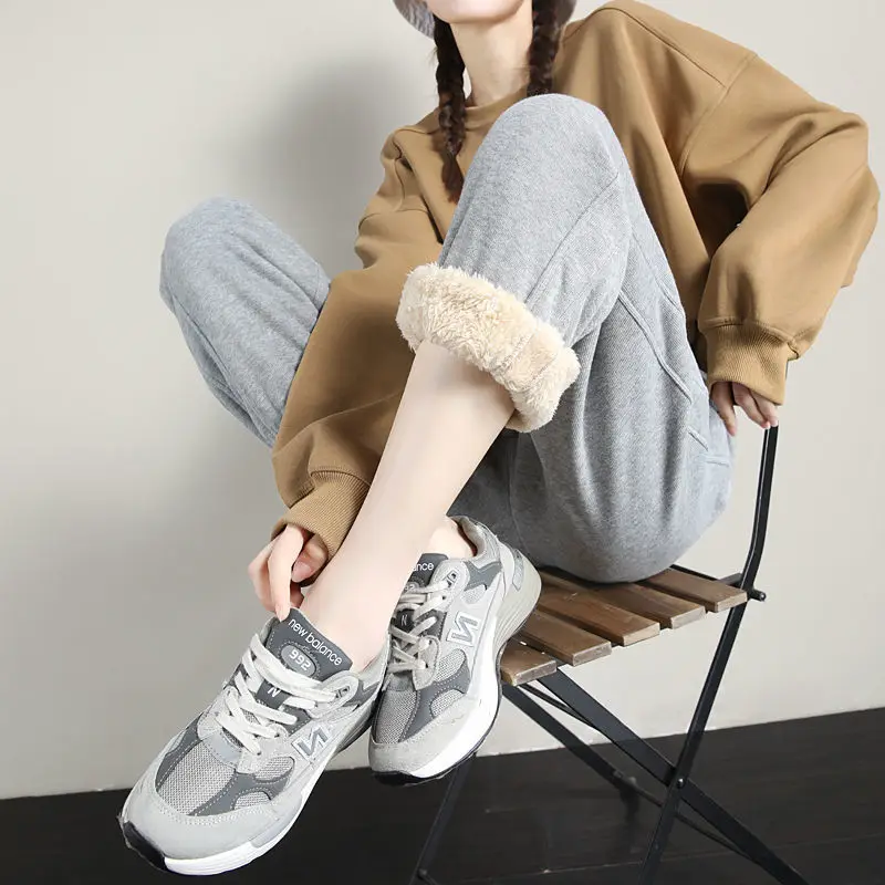 Autumn Winter Lamb Harem Pants Women Solid Colors High Waist Plus Velvet Sweatpants Korean Big Size Baggy Ankle-Length Pants