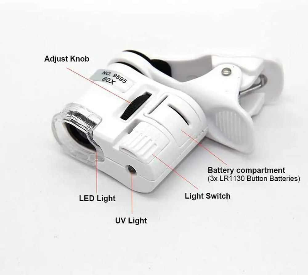 Magnifying Glass with Light 60x Zoom Microscope LED UV Light Clip-on For Universal Mobile Phones