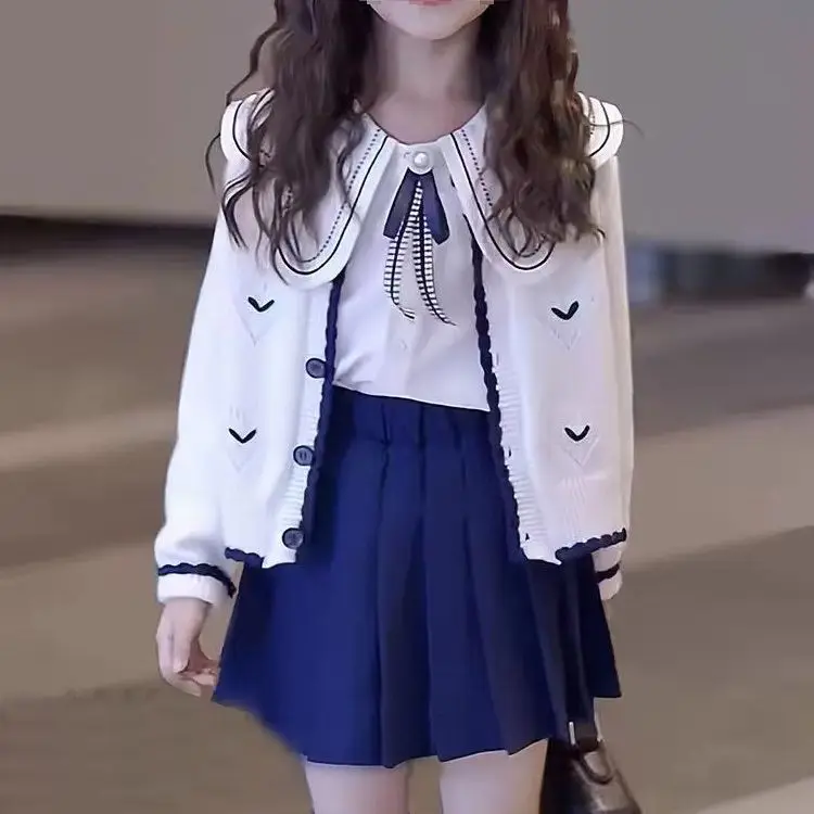 활 라펠 언더 셔츠, 러브 프린트 가디건, 단색 플리츠 스커트, 어린이 소녀 의상, 2024 용수철 가을 의류 세트, 3 개