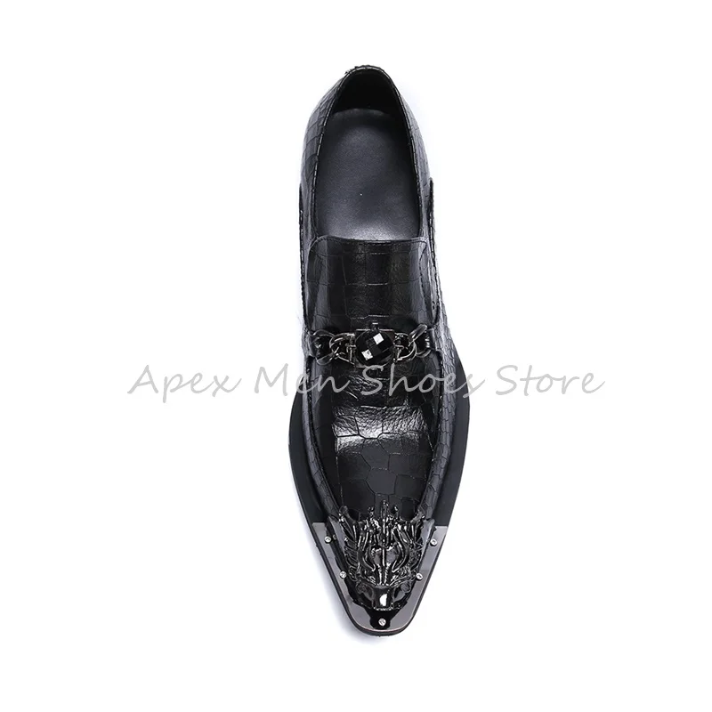 Pointed Cool Checkered Pattern Brogue Shoes Luxury Metal Toe Gem Buckle Cowhide Vintage Men's Shoes Formal