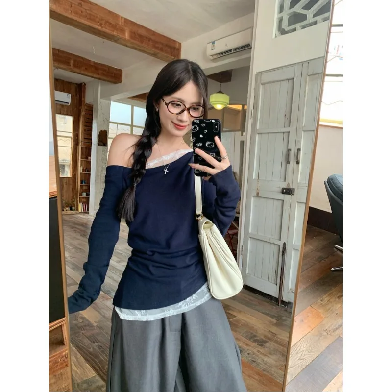 Lace Patchwork Long Sleeve Slim Fit T Shirt for Women