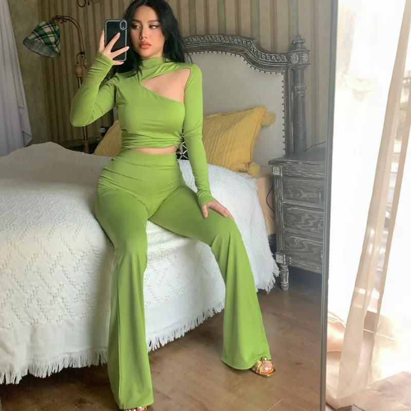 Hollow out long sleeve gloves low rise pant set