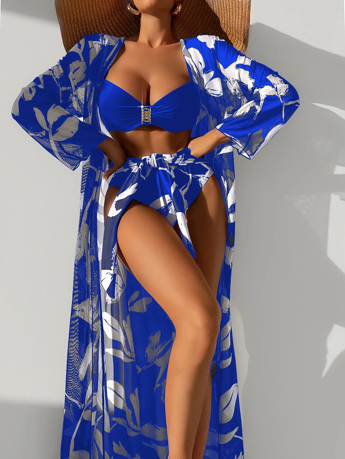 2024 Three Pieces Bikini Set Cover Up Swimwear Women Swimsuit Print Long Sleeve Push Up Bathing Suit Beachwear Swimming Biquini