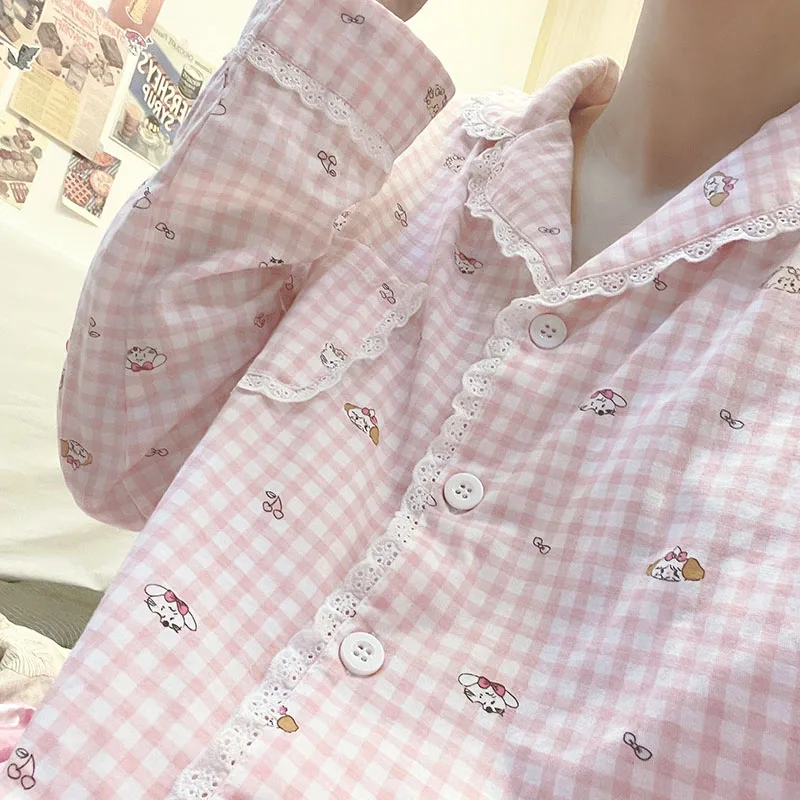 

Anime Kawaii Girl Mikko Checkered Pajamas Suit Home Clothing Spring Autumn Seasons Long Sleeved Pants Sweet Girl Leisure Comfort