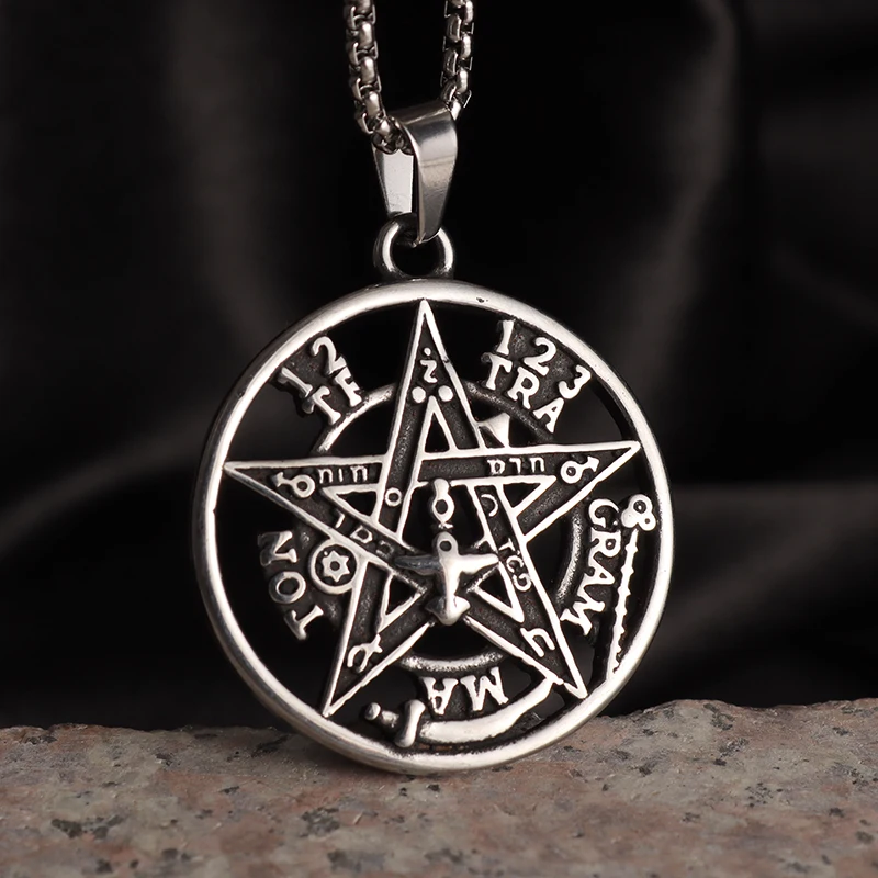 Stainless Steel Witchcraft Pentagram Pendant Men\\'s Jewish Hebrew Tetragrammaton Necklace Men\\'s Vintage Amulet Jewelry