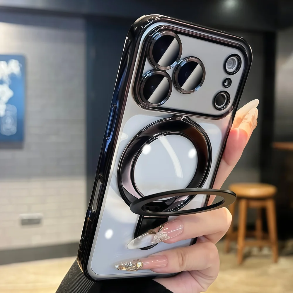 Transparent Fold Holder Phone Case with Magsafe Magnetic Cover and Glass Lens Film