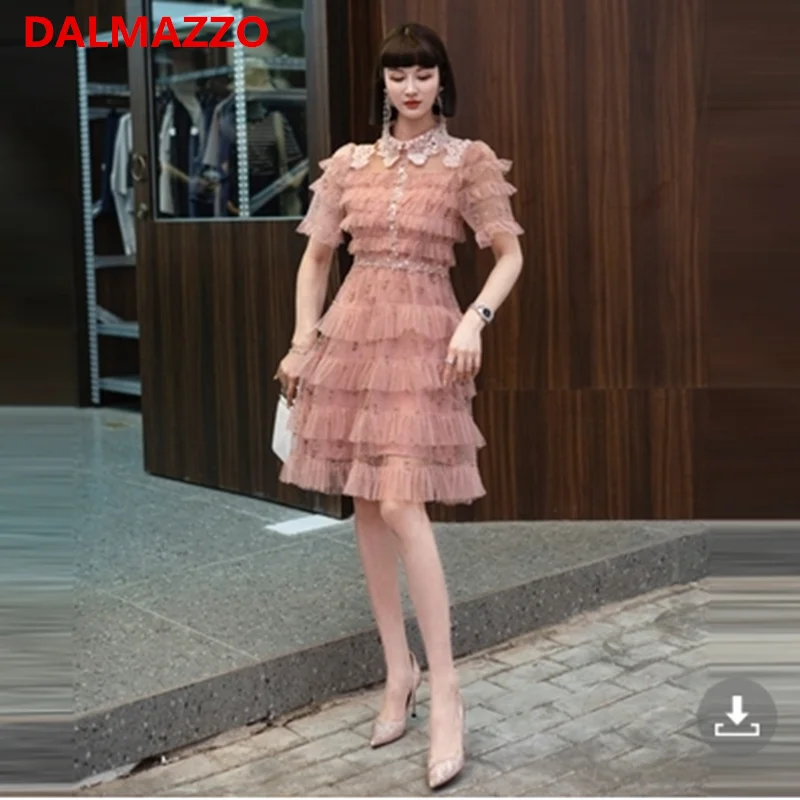 

DALMAZZO Runway Designer Fashion Mesh Embroidered Knee Length Dress Women O Neck Short Sleeve Slim Cake Dresses Vestidos 2023
