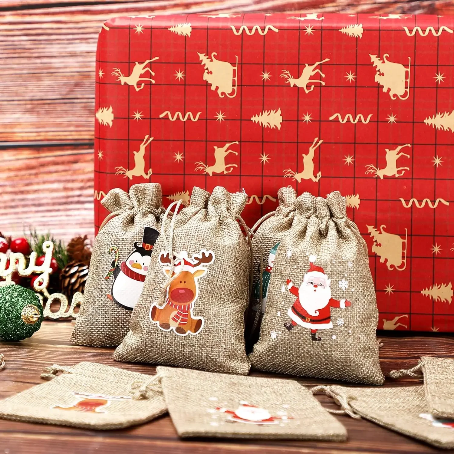 2026 Christmas Advent Calendar Small Christmas Gift Bags Tiny Christmas Burlap Candy Bag Holiday New Year Party Favors Supplies
