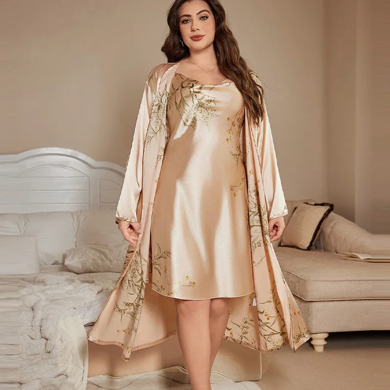 الأزهار طباعة Twinset رداء مجموعة المرأة ملابس المنزل مثير طويل الحمالات فستان النوم كيمونو البشكير ثوب الساتان