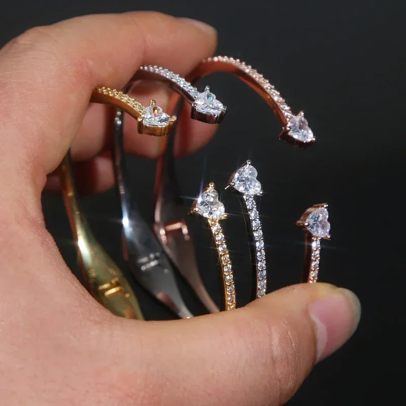 2025 New Iced Out Bling Cubic Zirconia Open Adjusted Charm Bracelet Valentine's Day CZ Heart Bangle For Women Luxury Jewelry 3