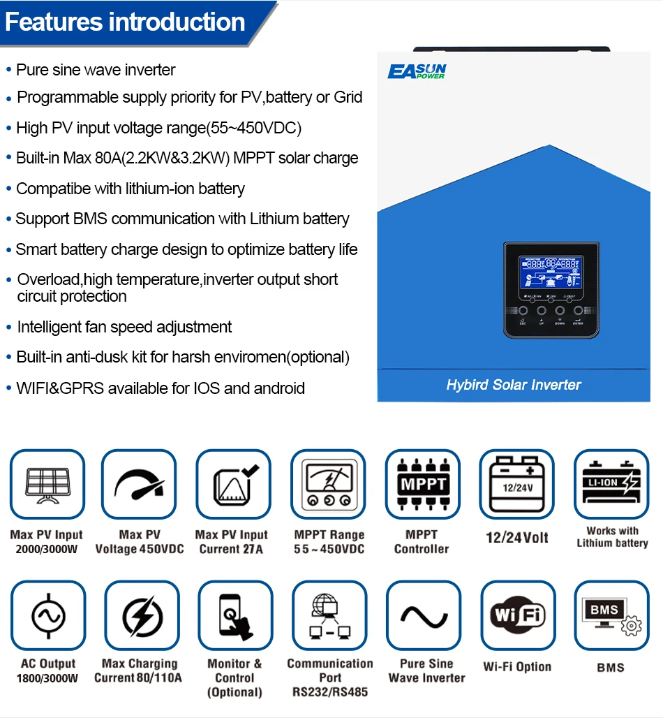Description Picture 3 of itemEASUN POWER 2.2KVA 2000VA Hybrid Solar Inverter 12V 220V 50/60Hz Pure Sine Wave Hybrid Inverter 60A MPPT Solar Charge Controller