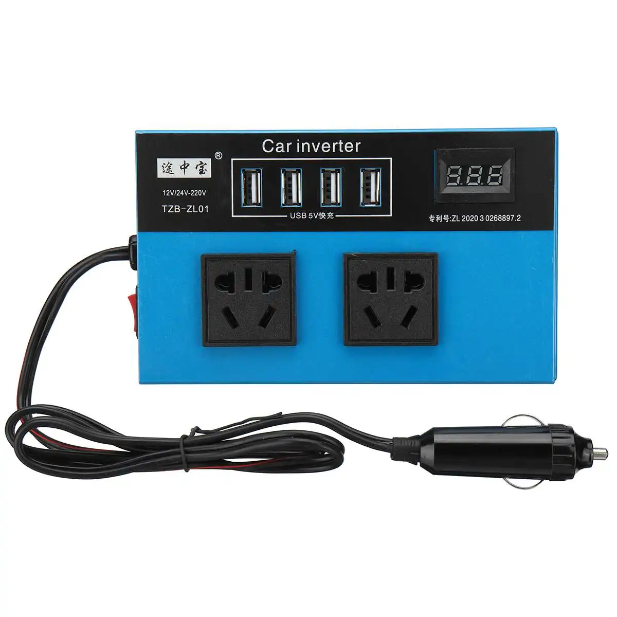 

Car Power Inveter DC 12V/24V to AC 220V with 2 AC Outlets 4 USB Fast Charge Small Portable Digital Display