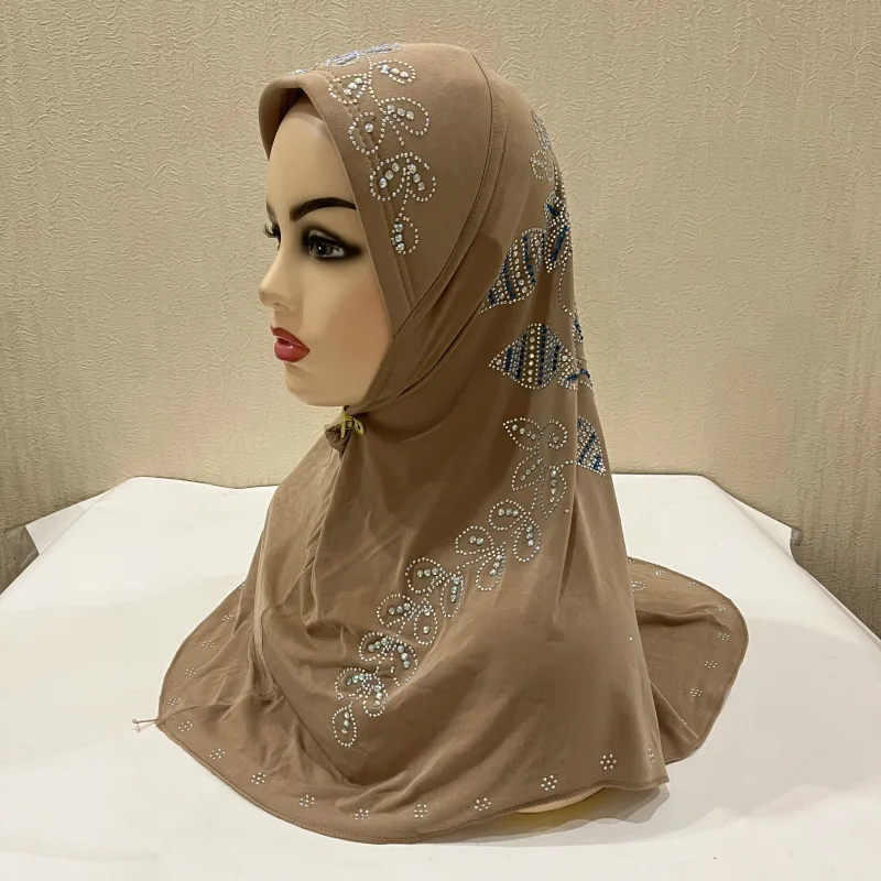 

High Quality Muslim Amira Hijab with Rhinestones Pull On Islamic Scarf Head Wrap Pray Scarves Ramadhan Hijabs Women Islamic Hat