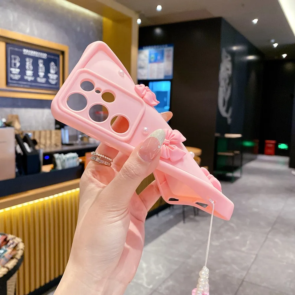 3D Pearl Pink Bow Lanyard Phone Case with Bracelet Wrist Strap - Stylish Soft Cover