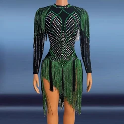 New Sexy Green Rhinestones Dress Tassel Evening Party Women Dresses