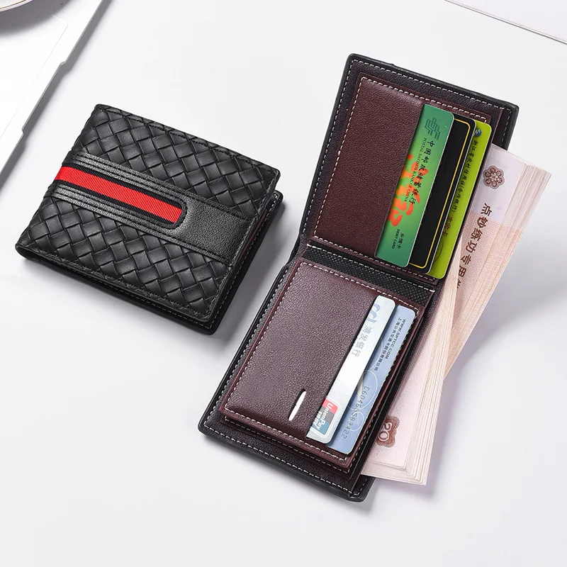 New men's hand woven multi slot fashionable three fold leather wallet, card bag, simple and ultra-thin coin purse