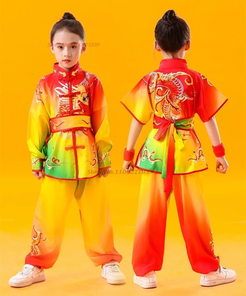 

2024 chinese children kung fu wushu uniform kung fu shaolin martial arts suit dragon print sports training practice exercise set