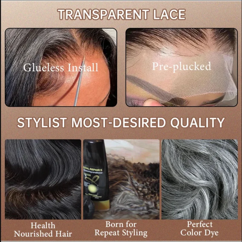 300% Density 13X4 Lace Front Wig Human Hair Salt & Pepper Gray Color Pre-Cut Straight Lace Front Wigs Human Hair For Black Women