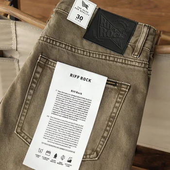 033# Spring Autumn New American Retro Heavyweight Khaki Denim Jeans Men's Trendy 100% Cotton Washed Old Straight Casual Pants 1