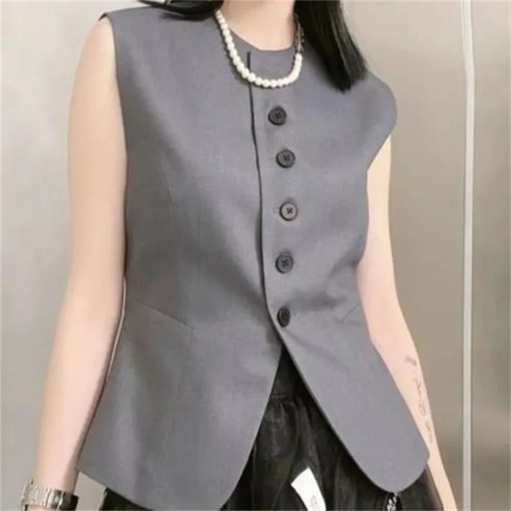 

O-Neck Waistcoat Sleeveless Coat Single Breasted OL Ladies Suit Vest Tops Spring Summer Women Vest Casual Slim Black Gray