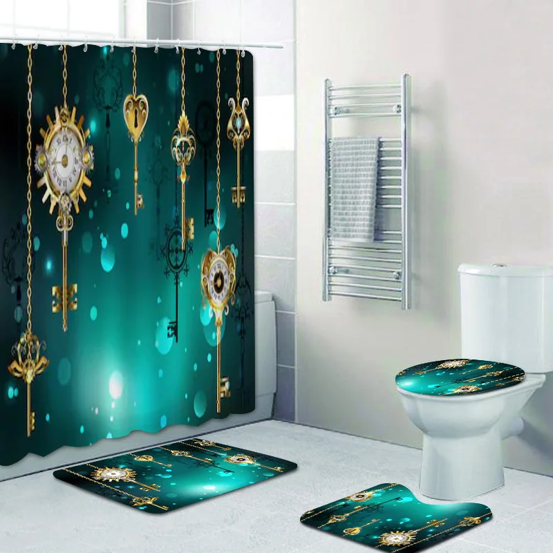 

Винтажные зеленые ювелирные украшения в стиле стимпанк, золотые часы с цепочкой, занавеска для душа и ванной, аксессуары для туалета