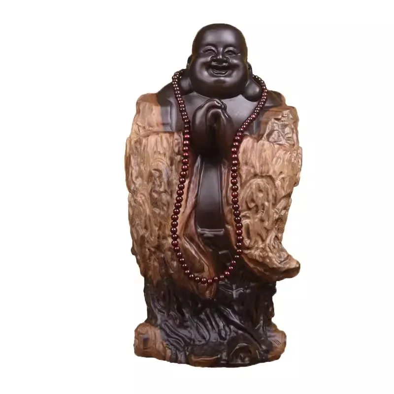 Black Sandalwood Carving Maitreya Buddha Root Carving Ornaments, Smoking Buddha Handicrafts, Home Entrance Decoration