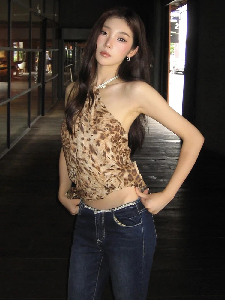 Nibber Wild Sexy Halter Tank Tops Women Backless Leopard Lace-Up Hottie Skinny Stretch Street Music Festival Midnight Clubwear