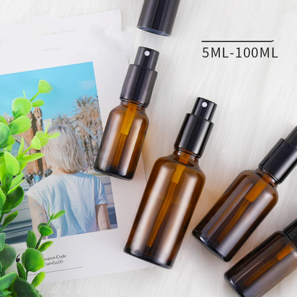 30X 5-100ML Lotion/Spray Bottle Beauty Amber Empty Glass Bottle Essential Oil Mist Spray Container Case Refillable Travel Bottle 2