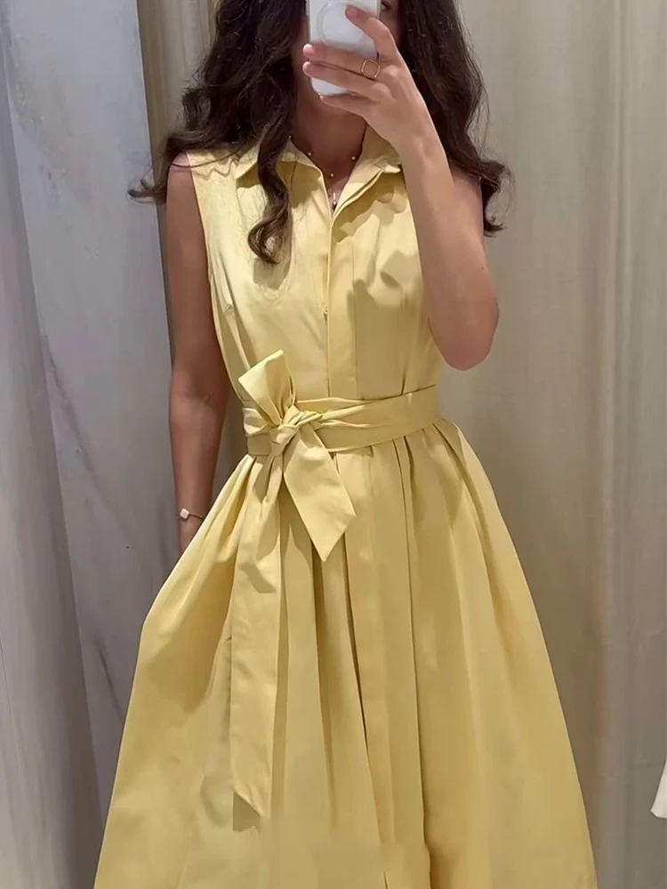 TFMLN Elegant Summer Women Solid Shirt Dress With Belt Fashion Sleeveless Casual Lapel Single Breasted A Line Midi Dress