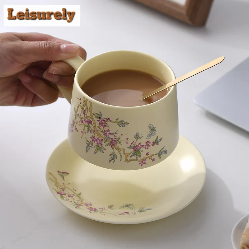 280ml Wisteria Flower Coffee Mug With Plate Kitchen Cup Afternoon Tea Mug Water Ice Cold Juice Jug Cup Saucer Kit Tableware Gift