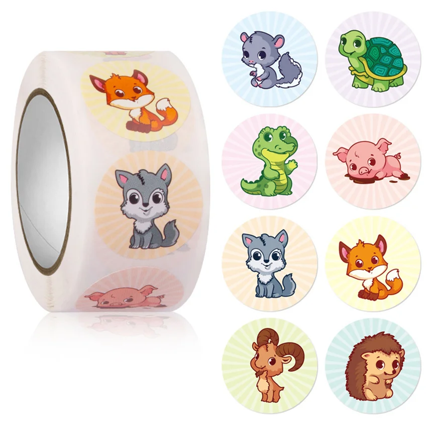 

100-500Pcs Cute Cartoon Animals Thank you stickers Round Handmade Wrapping Gift Seal Labels Teacher Reward Stationery stickers