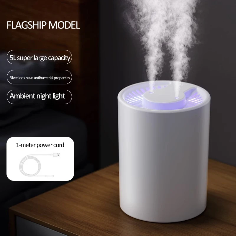 5L large capacity dual spray humidifier, USB home silent bedroom office small night light digital humidifier
