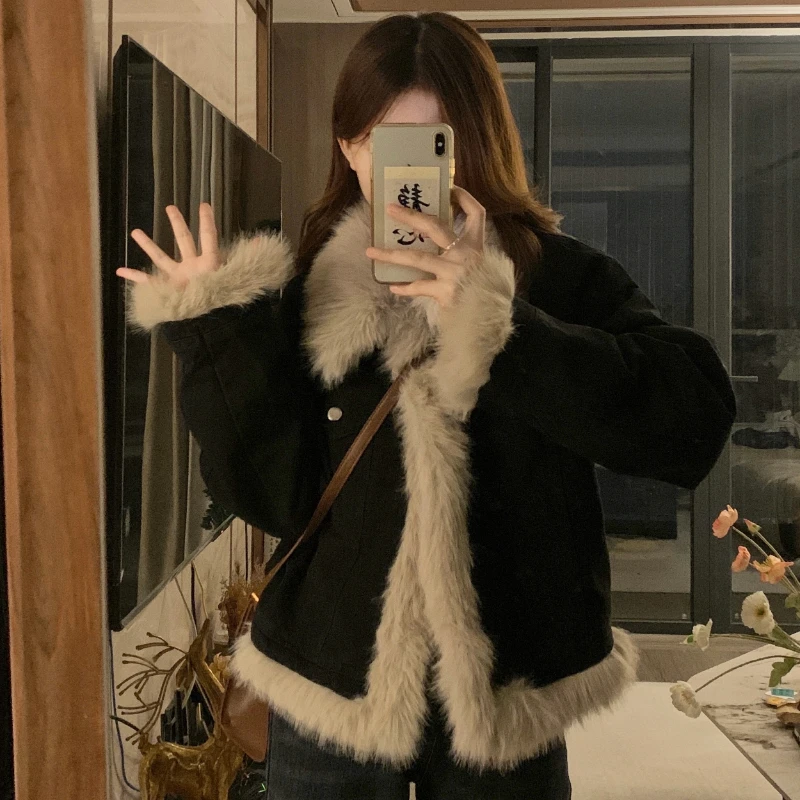 Denim Jacket Women's Black Stitching Lamb Plush Thickened Warm Short Loose Casual Fashion Autumn Winter High-Grade Cotton-Padded
