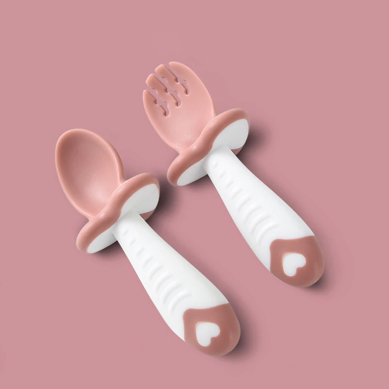 2Pcs/Set Baby Silicone Spoon Fork Cutlery Set Feeding Tableware Learn Spoon Set Short Easy silicone feeding spoon,silicone cutlery set,learning spoons,fork spoon set,baby cutlery