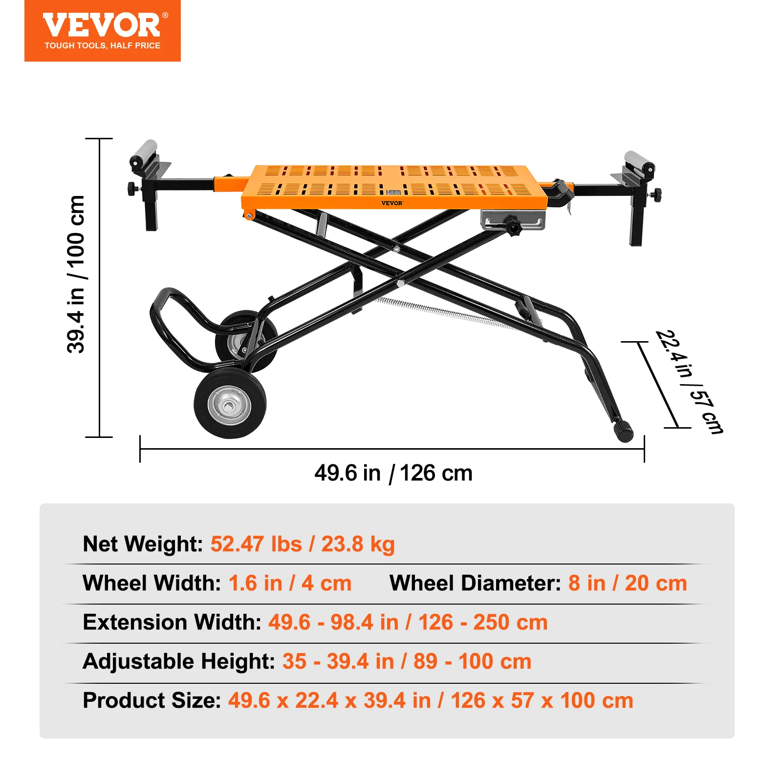 VEVOR 100in Cart-style Collapsible Rolling Miter Saw Stand w/ Wheels  Rollers Light Weight 550lbs Load Capacity for Cutting Work AliExpress