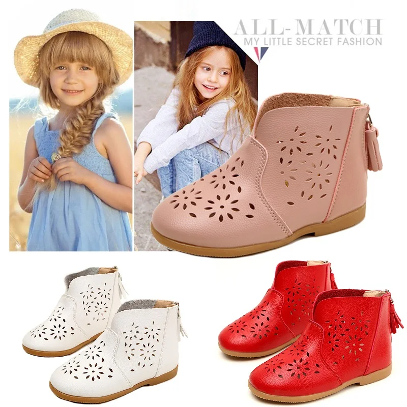 

2022 Spring Summer Princess Shoes Girls Boots Sweet Solid Color Baby Girls Single Shoes Zipper Hollow Flats Boots Girls Booties