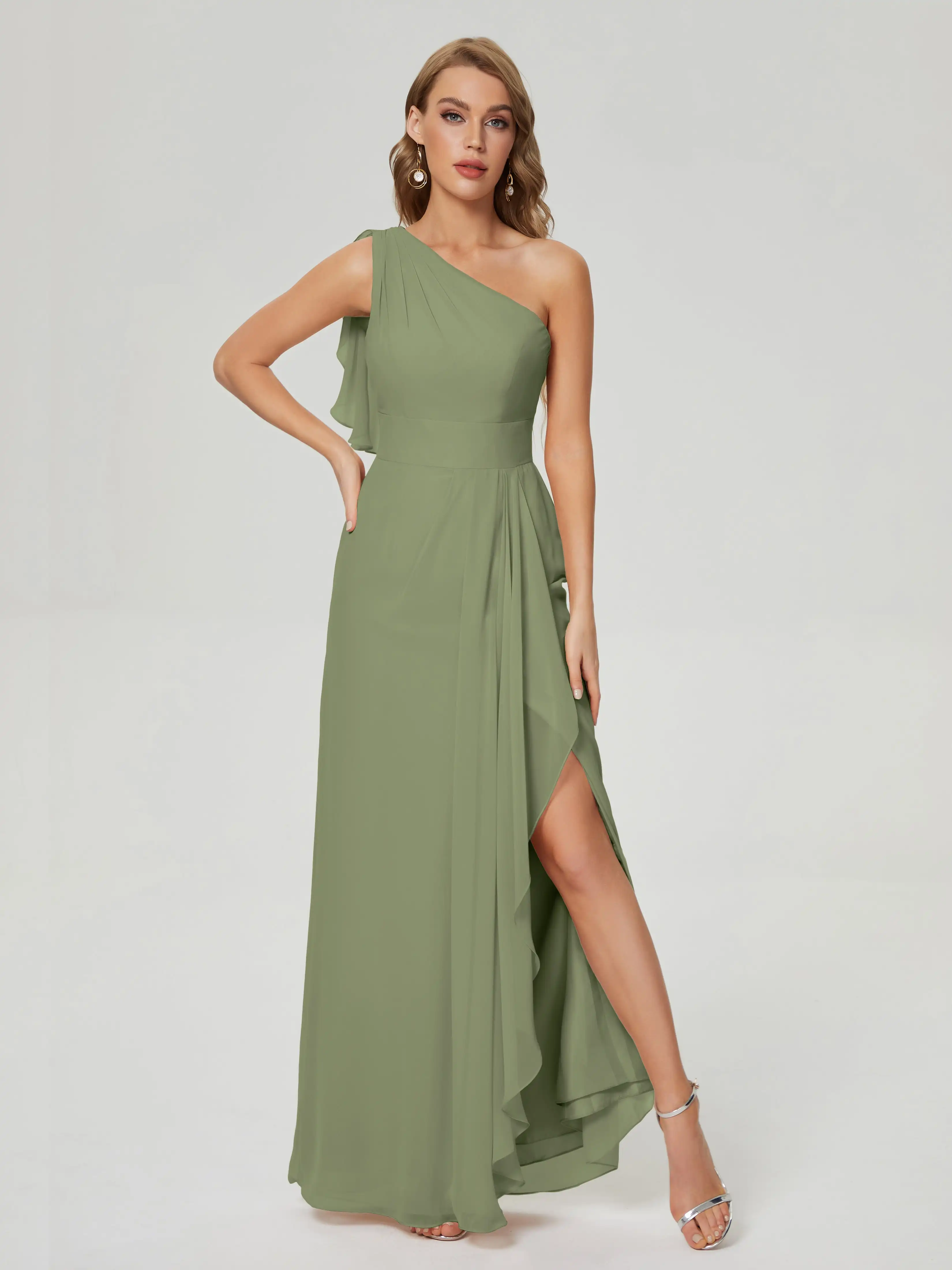 

Elegant One-Shoulder Chiffon Bridesmaid Dresses A Line Long Formal Evening Gown Ruched Sleeve For Wedding Party Guest Dress