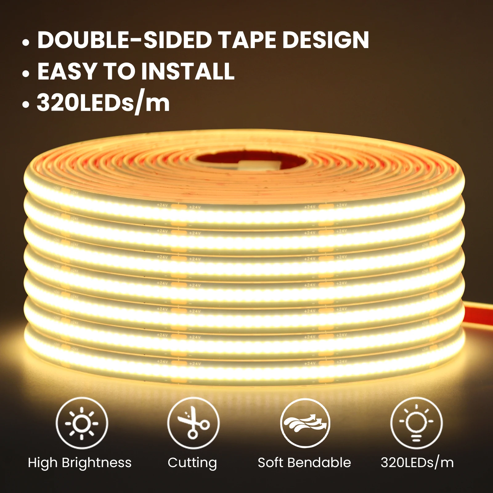 IP68 방수 12V 24V COB LED 스트립 라이트 320LEDs/M 블랙 2핀 와이어/DC 플러그 3000K 4000K 6000K 8mm PCB 플렉시블 테이프 홈 데코