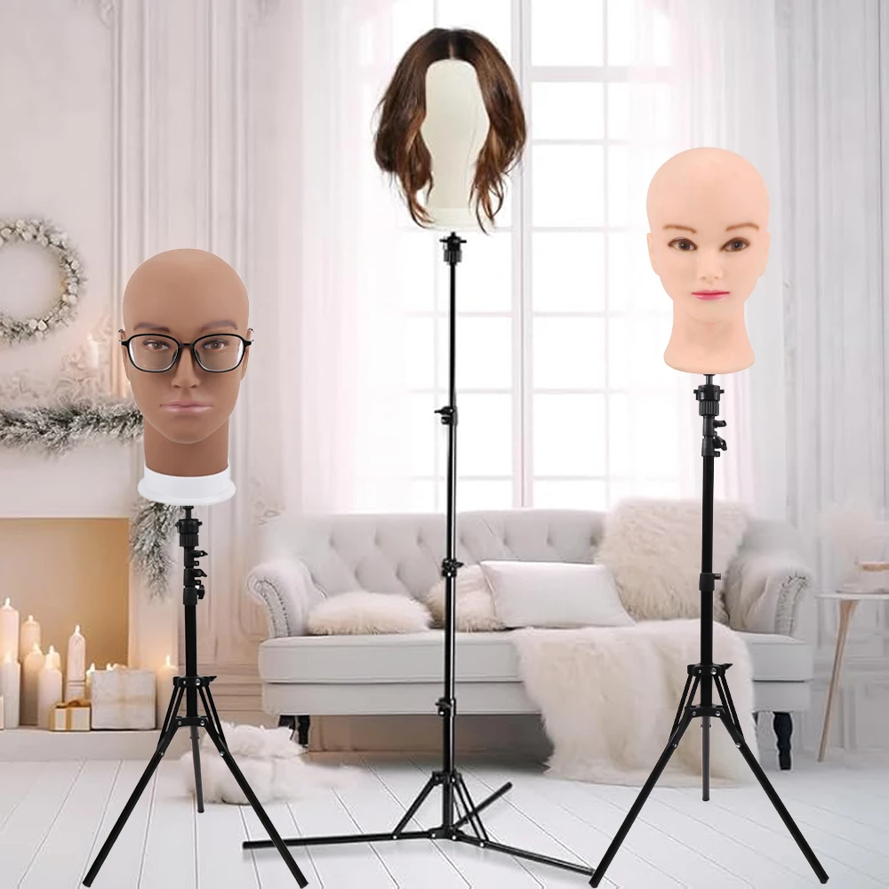 Canvas Block Head Mannequin With Adjustable Tripod Wig Stand_voghion.com