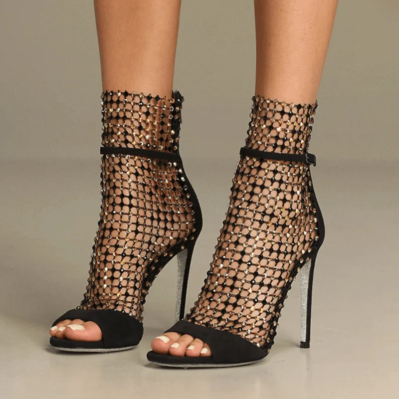 

Roni Bouker New Summer Women Buckle Strap Sandals Woman Mesh High Heels Women's Silver Stiletto Heel Real Leather Shoes Wedding