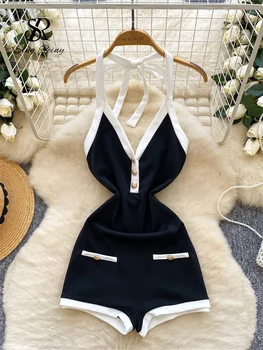 SINGREINY Ins Beach Jumpsuits Ladies Halter Sleeveless Button Design Backless Bodysuits American Retro Solid OL Slim Playsuits 1