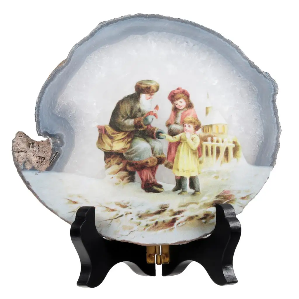 Natural Irregular Agate Slice Art Print Animal Table Display With Wooden Stand Agate Geode Stone Figurine For Home Decoration